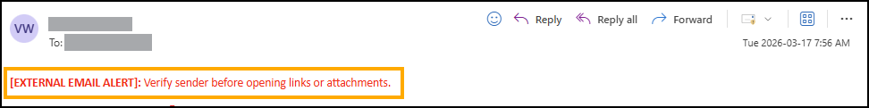 Screenshot example of External Email Alert text.