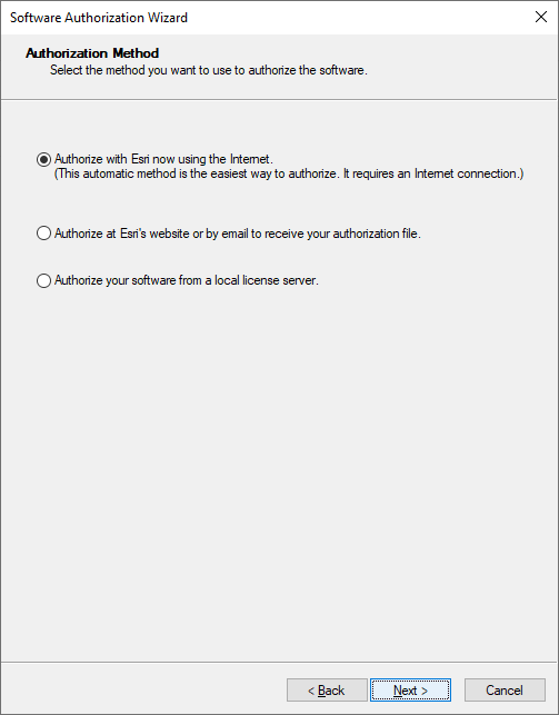 Select 'Authorize with Esri now using the Internet' and click 'Next'