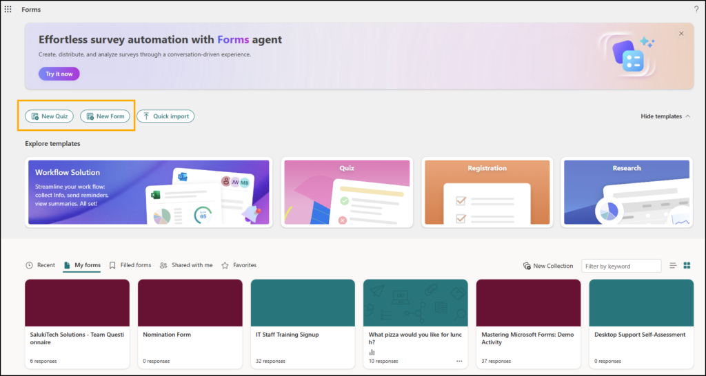 Screenshot of Microsoft Forms homepage.