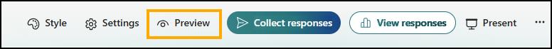 Screenshot of Microsoft Forms menu bar with Preview option highlighted.