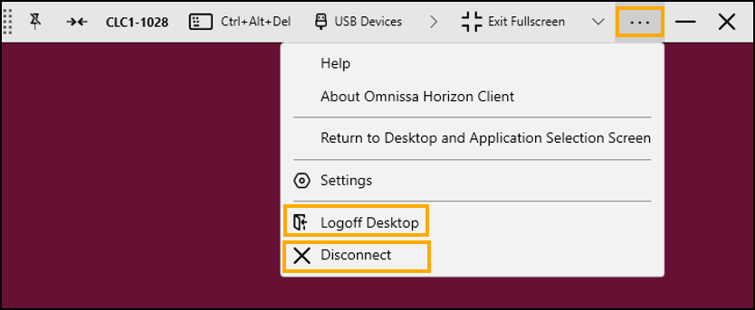 Screenshot of Omnissa Logoff Desktop and Disconnect options.