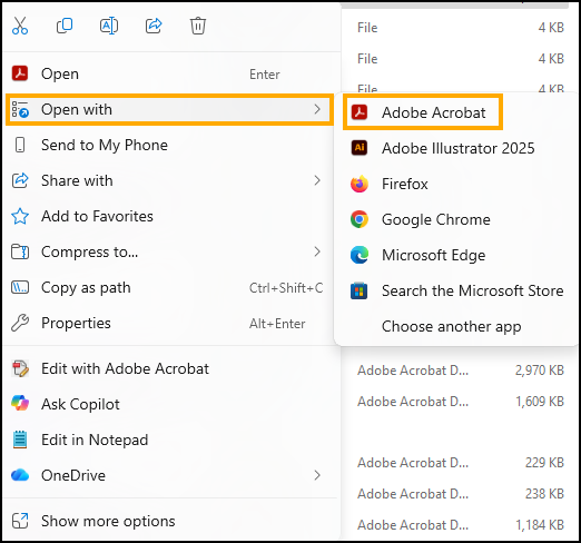 Screenshot of Adobe Acrobat highlighted under Open With options.