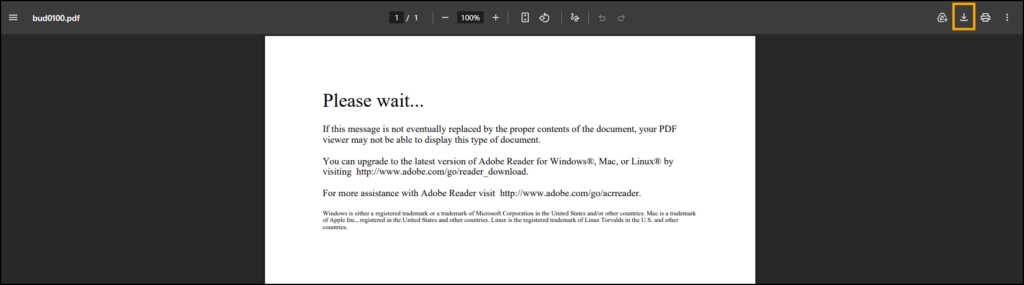 Screenshot of Adobe error message with the download button highlighted.