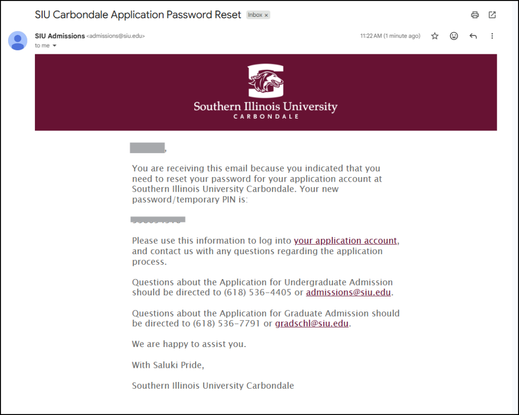 Screenshot of password reset email.