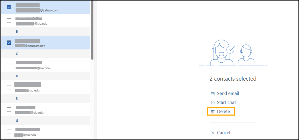 Screenshot of Contacts window with two contacts selected and Delete button highlighted.