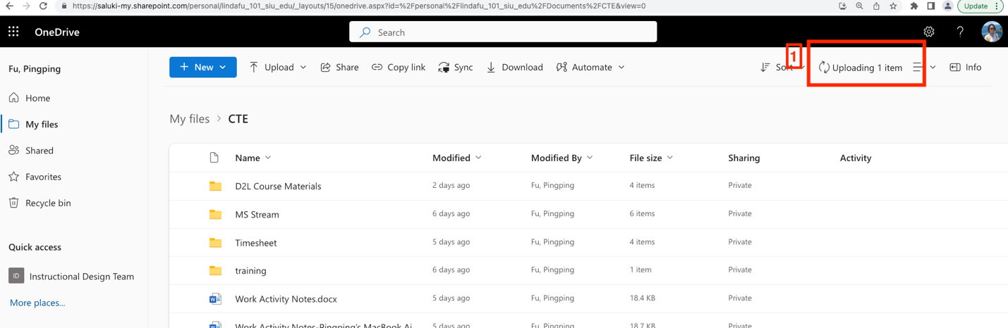 a screenshot a OneDrive folder, highlighting the Uploading 1 item with encircled number 1