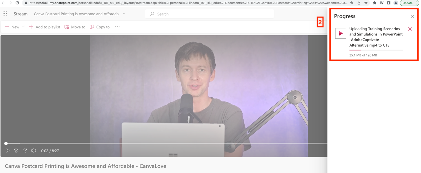 a screenshot of a video file opened in Stream, highlighting Uploading file name and Progress at the upper right corner with circled number 2