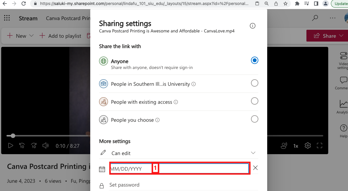 A screenshot of the Sharing settings popup window, highlighting date line with enclosed number 1. 