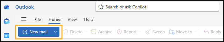 Screenshot of Outlook app with New Mail button highlighted.
