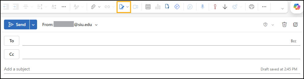 Screenshot of New Email options with Email Signature button highlighted.