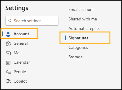 Settings Menu with Signatures highlighted under Account.