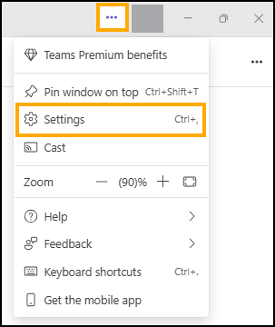 Screenshot of ellipsis button and highlighted Settings link.