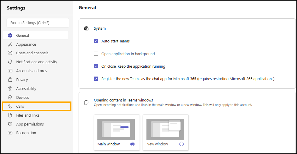 Screenshot of Microsoft Teams Settings menu with Calls highlighted.