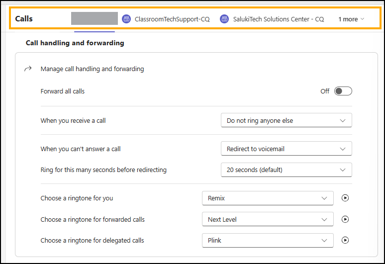 Screenshot of example call queues at the top of the Calls Settings menu.