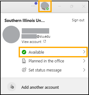Screenshot of Microsoft Teams Profile options with Status highlighted.