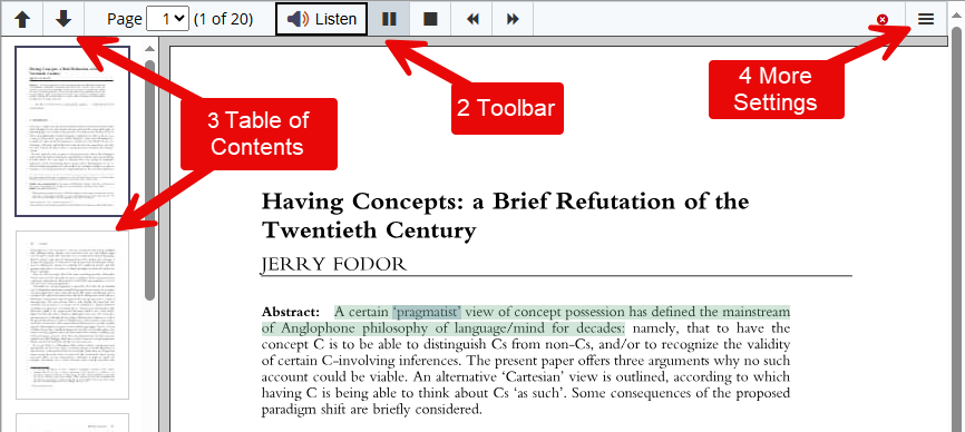 document opened with docReader. Thumbnails of document pages are on the left, the ReadSpeaker toolbar is on the top and left, and more settings are in the menu button on the top right