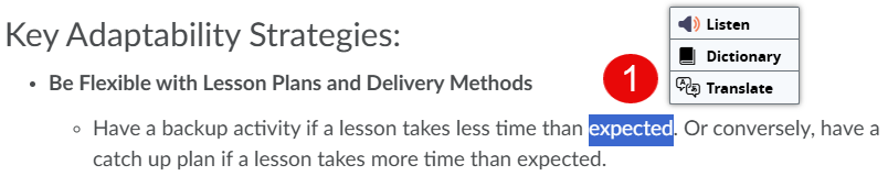 highlighted text with an options menu open