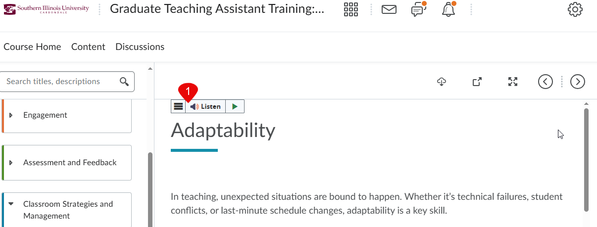 Screenshot of Content page with the ReadSpeaker toolbar button in the upper left corner, above the page title text