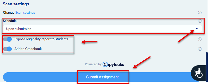 A D2L screenshot demonstrating on how to include the scan settings to add Copyleaks tool to an assignment.