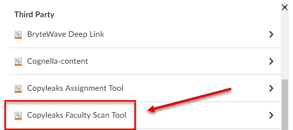 A D2L screenshot on how to locate the " Copyleaks Faculty Scan Tool"  from the "More tab".