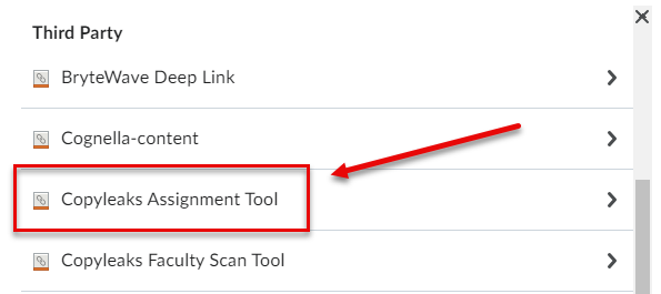 A D2L screenshot on how to locate the " Copyleaks Assignment Tool"  from the "More tab".