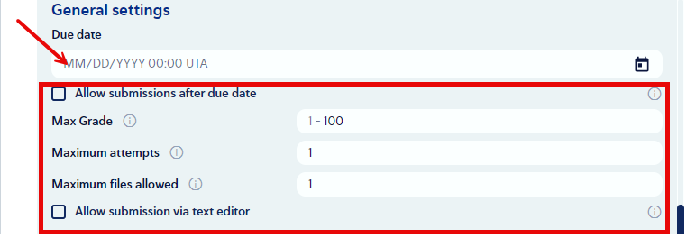 A D2L screenshot showing how to add due date, grade, attempts, and files in general settings.
