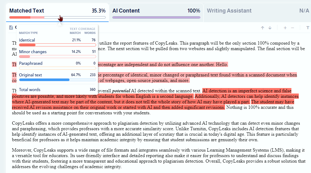 A screenshot of a CopyLeaks plagiarism and AI report, demonstrating how to access the match type breakdown. 