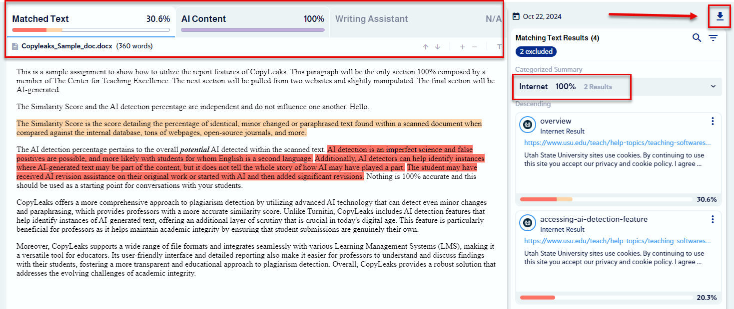 A screenshot of a CopyLeaks plagiarism and AI report, highlighting the results area, sources area and download location. 