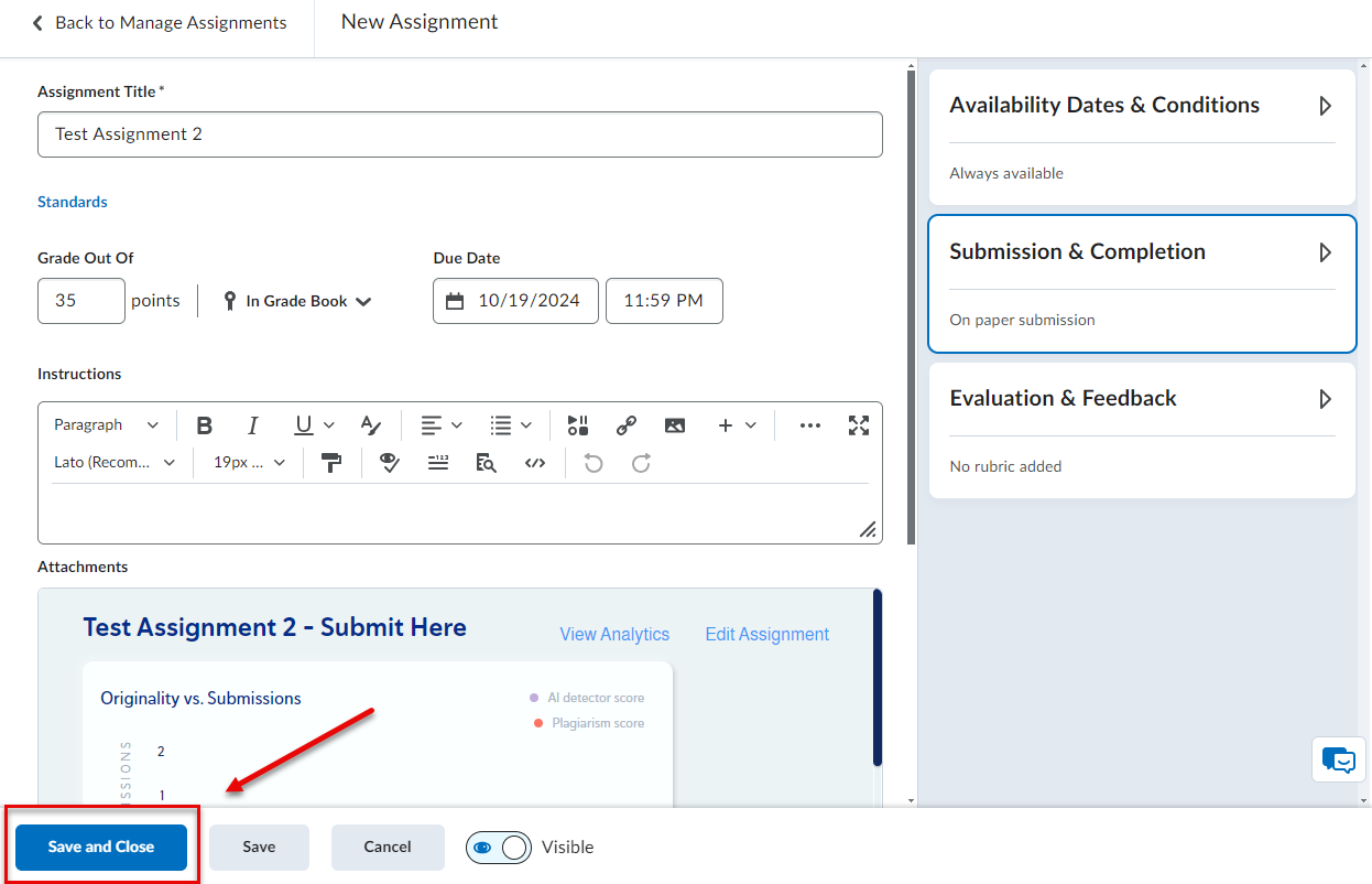 A screenshot of D2L assignment editing tool with the Copyleaks assignment attached. 