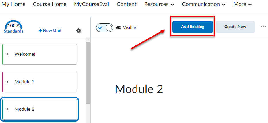 A screenshot of D2L content area showing how to navigate to "Add Existing".
