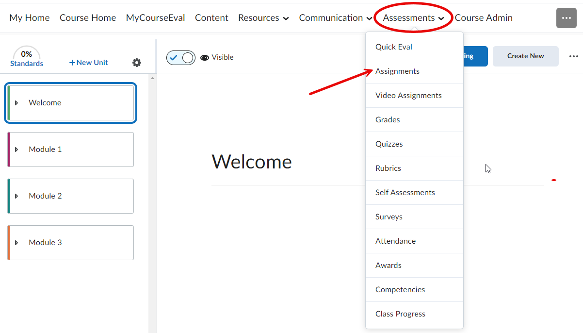 A screenshot of D2l course content page demonstrating on how to navigate to assignments.
