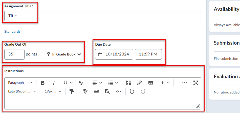 A screenshot of D2L demonstrating how to add the title, due date, instructions,and how to add the assignment to the gradebook. 