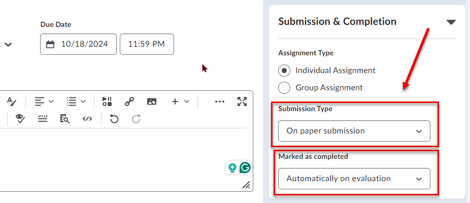 A screenshot of D2L showing how to where to locate the submission type and mark as completed dropdowns. 