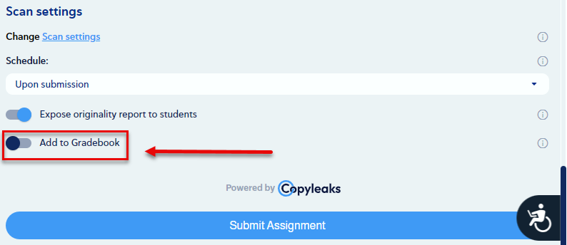 A screenshot of Insert Quick Link indicating how make the turn off the "add to gradebook" setting and how to submit the assignment.