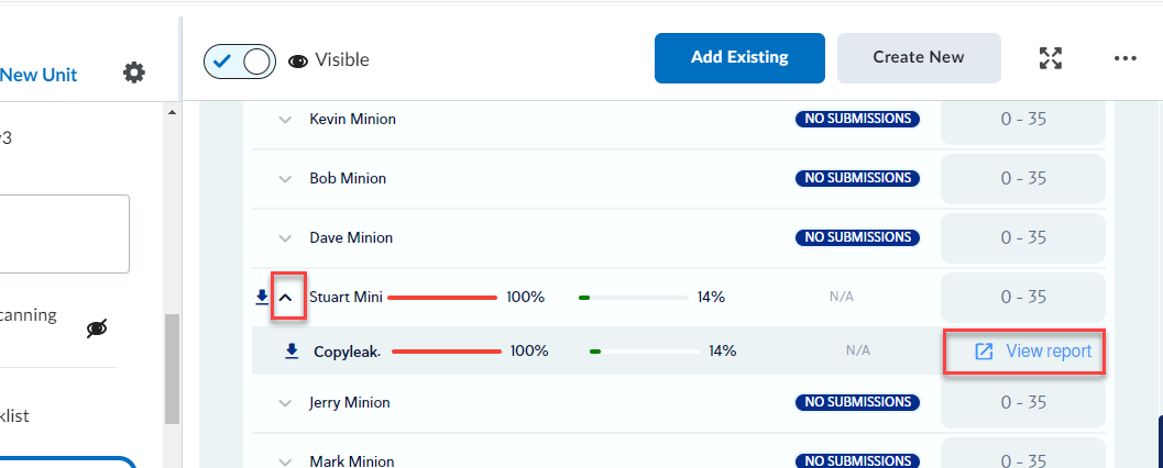 A screenshot of the CopyLeaks assignment dashboard showing where to locate the "view report" option. 