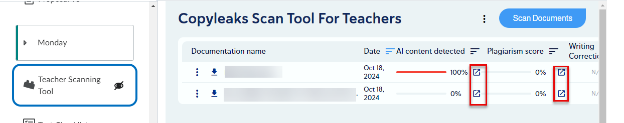 CopyLeaks Faculty scan tool with scan results listed. One document is 100 percent AI generated and the other is not.