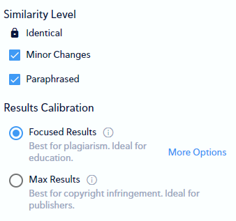 CopyLeaks Filters Panel setting options.