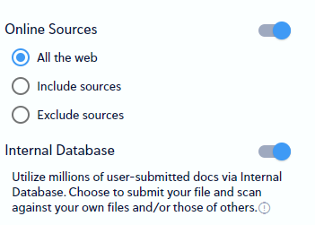 CopyLeaks Sources Panel setting options.