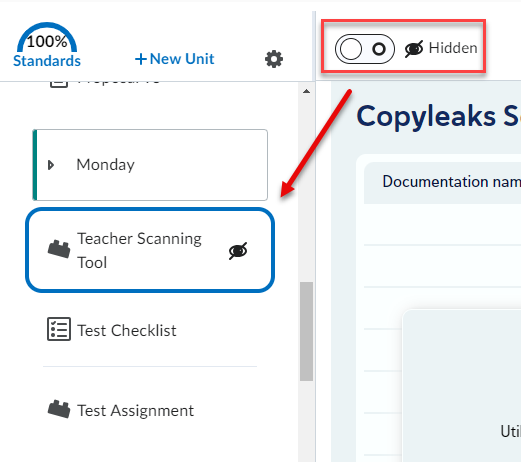 Screenshot of "teacher scan tool" showing how to hide the tool from students view. 