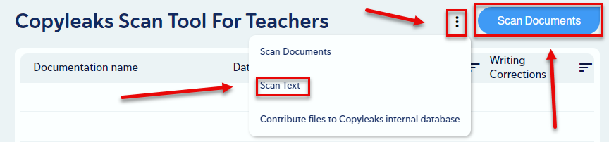 Screenshot of "teacher scan tool" showing how to upload documents or scan text. 