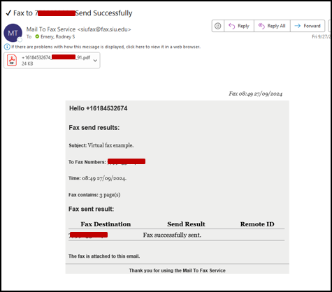 Screenshot of successfully sent virtual fax confirmation email