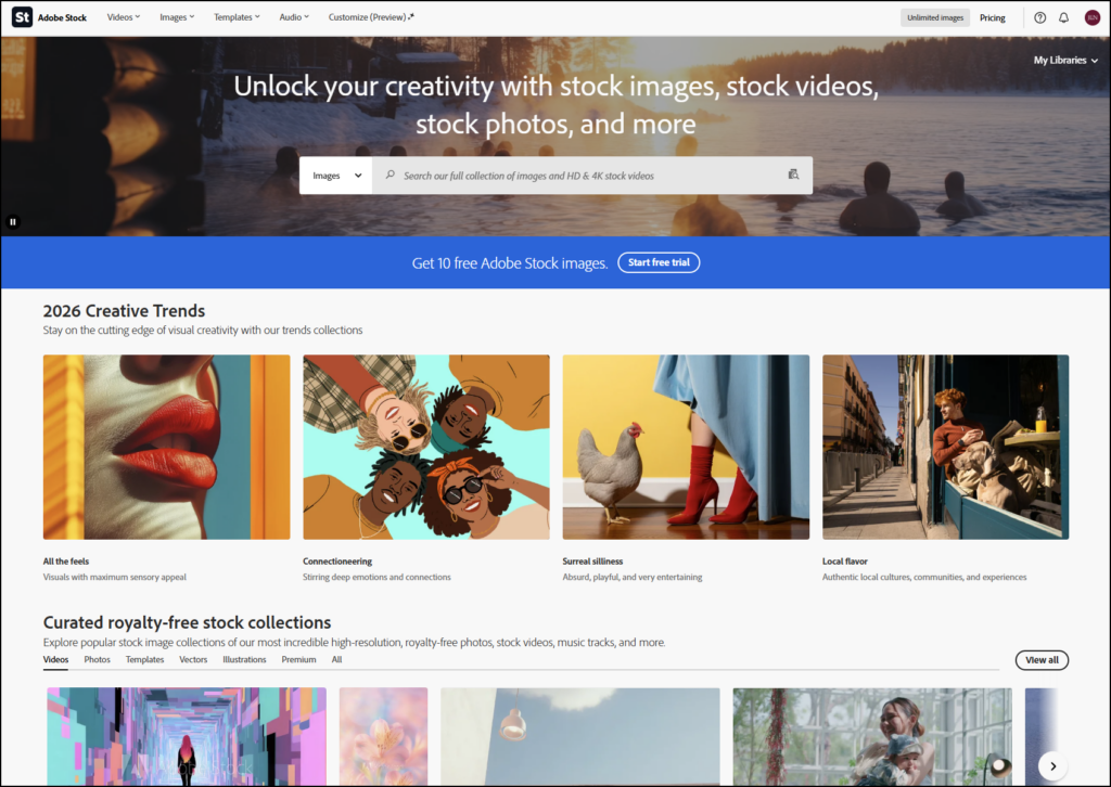 Screenshot of Adobe Stock homepage after successfully signing in.