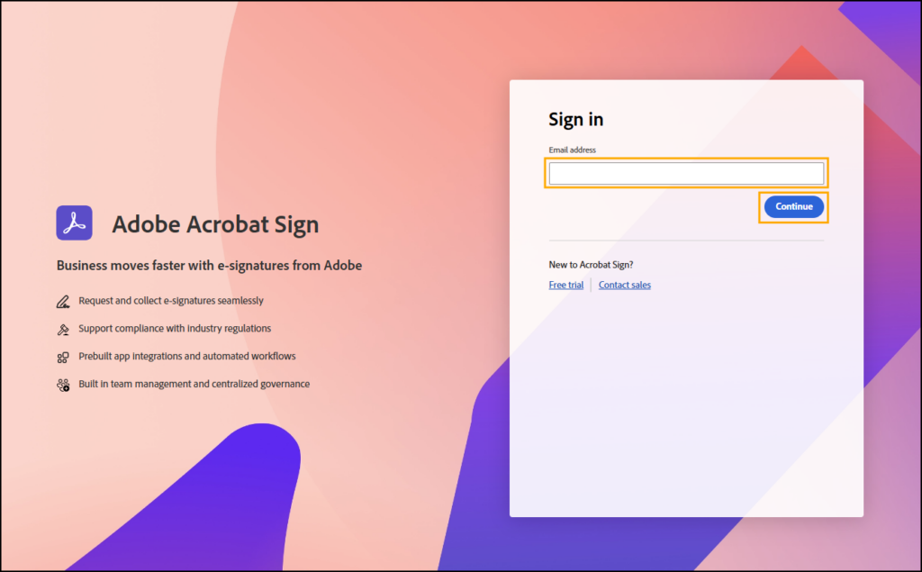 Screenshot of Adobe Acrobat sign login window.