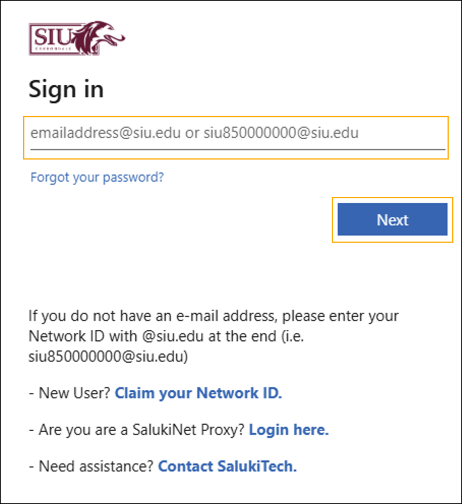 Screenshot of SIU Carbondale login window; email field highlighted.