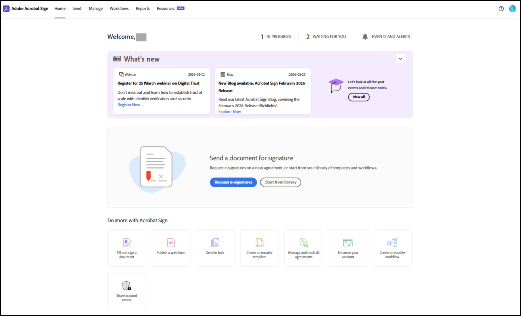 Screenshot of Adobe Sign homepage after successful sign in.