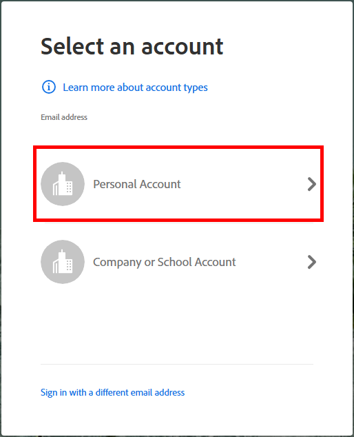 Screenshot of Adobe Sign Account Selection screen; Personal Account highlighted.