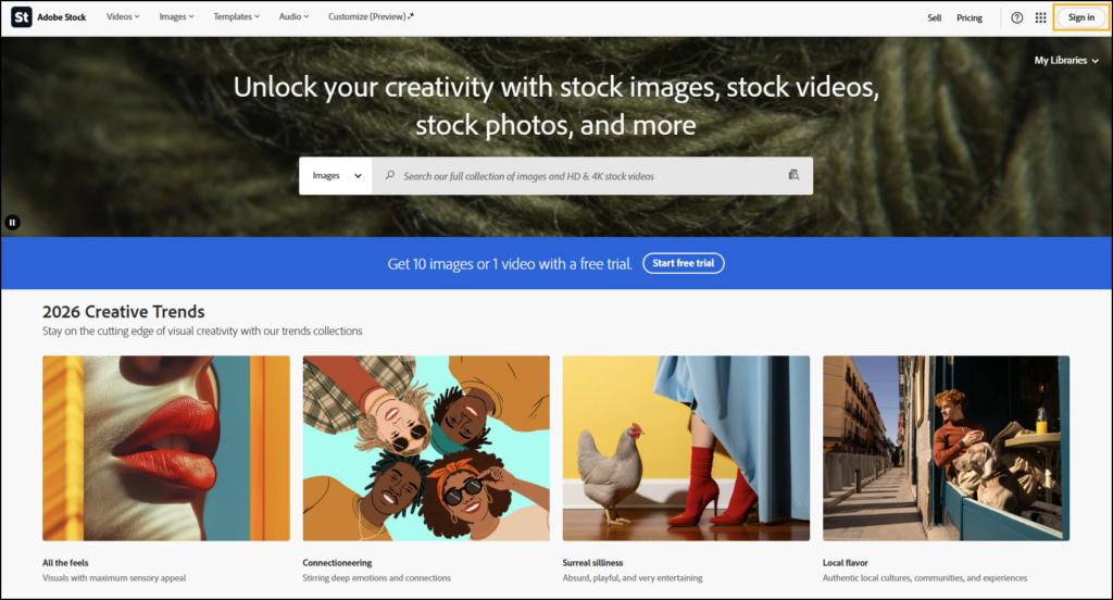 Screenshot of Adobe Stock homepage.