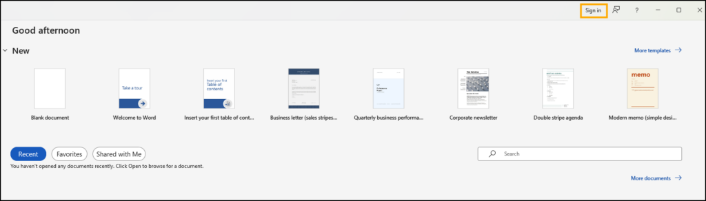 Screenshot of Microsoft Word app with Sign In option highlighted.