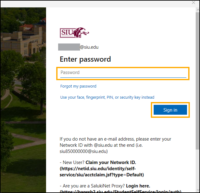 Screenshot of SIU Sign In window with Password field and Sign In button highlighted.