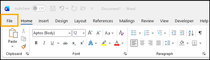 Screenshot of Microsoft Word menu bar with File highlighted.